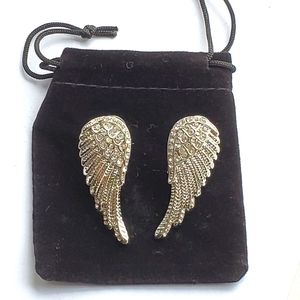 Long Silver Tone Angel Wing Earrings Phoenix Zircon Leverback Pierced Big Fly